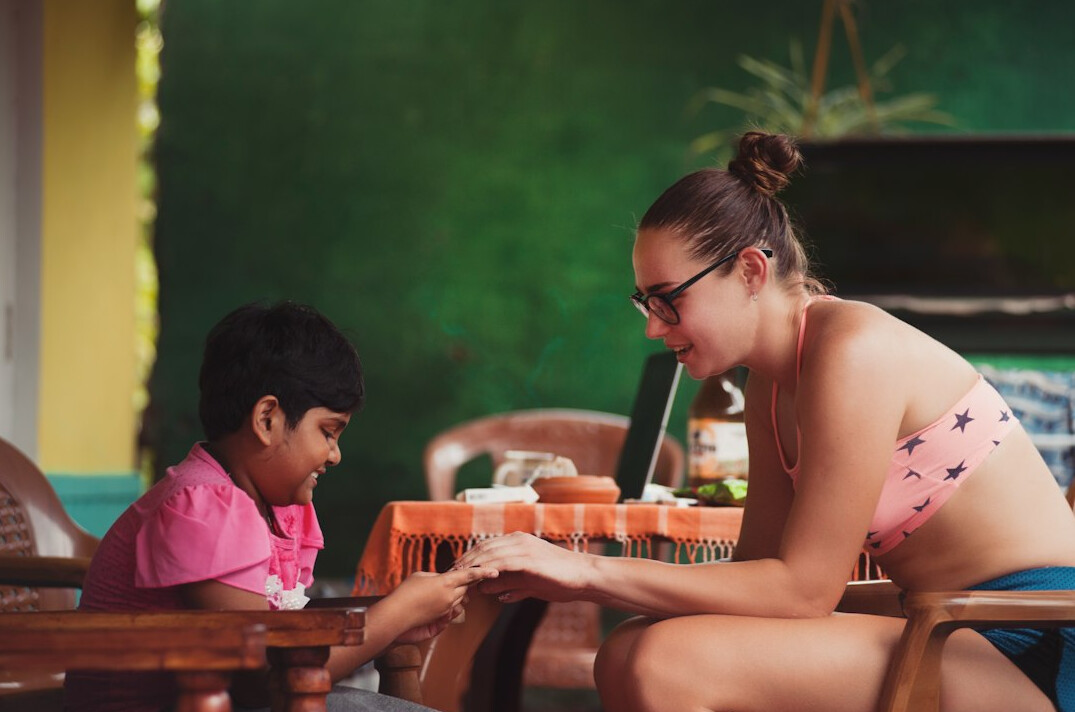 young mother telling story